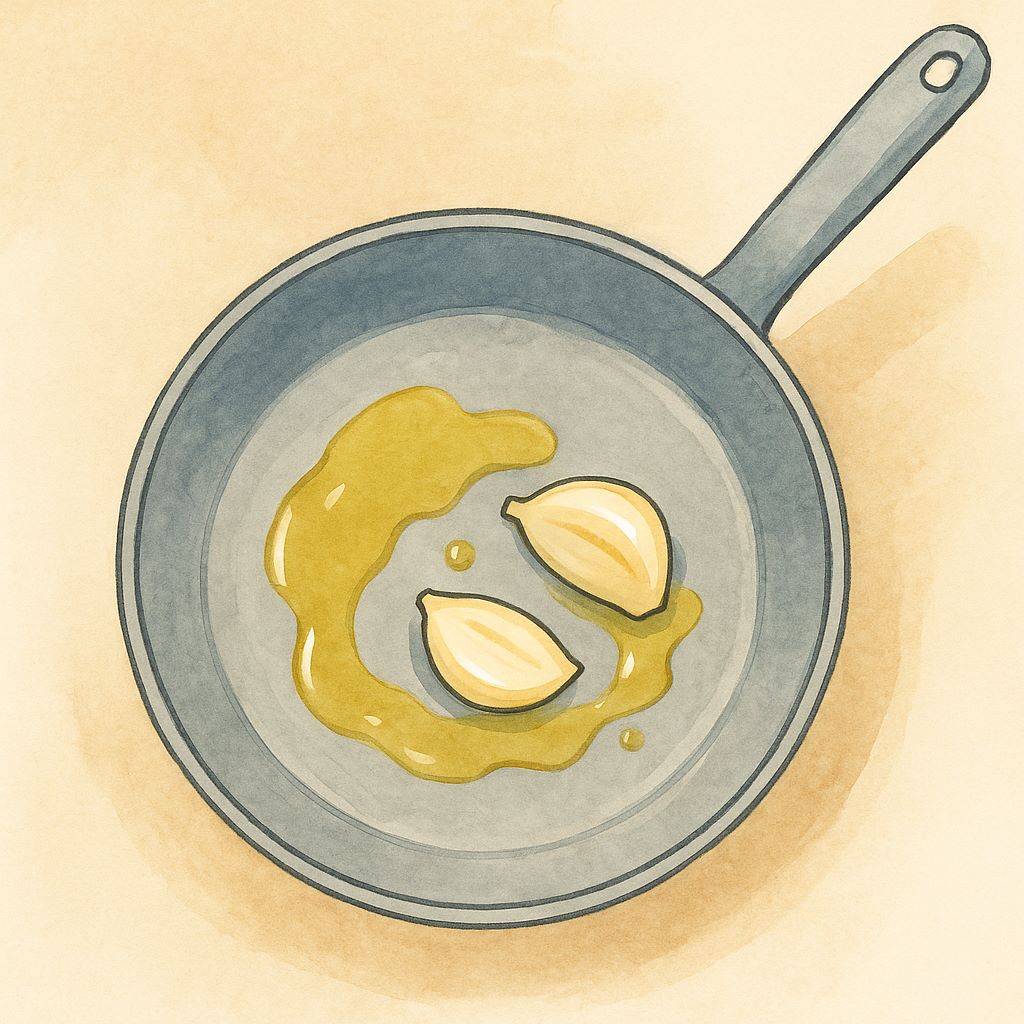 Padella con olio e due mezzi spicchi d’aglio che imbiondiscono
