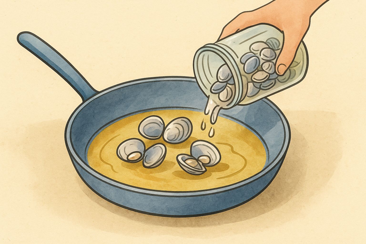 Vongole con guscio e loro liquido di cottura versati in padella