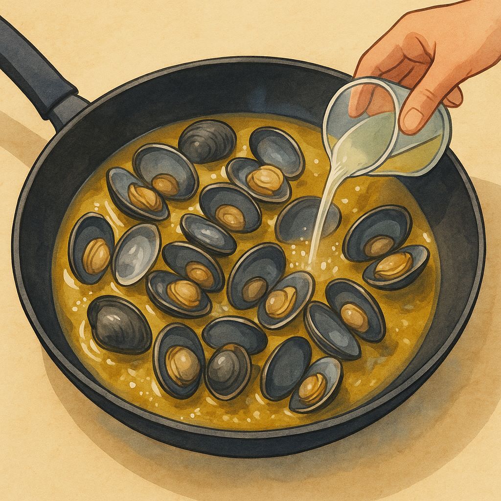 Brodo limpido delle vongole sgusciate aggiunto al fondo di cottura