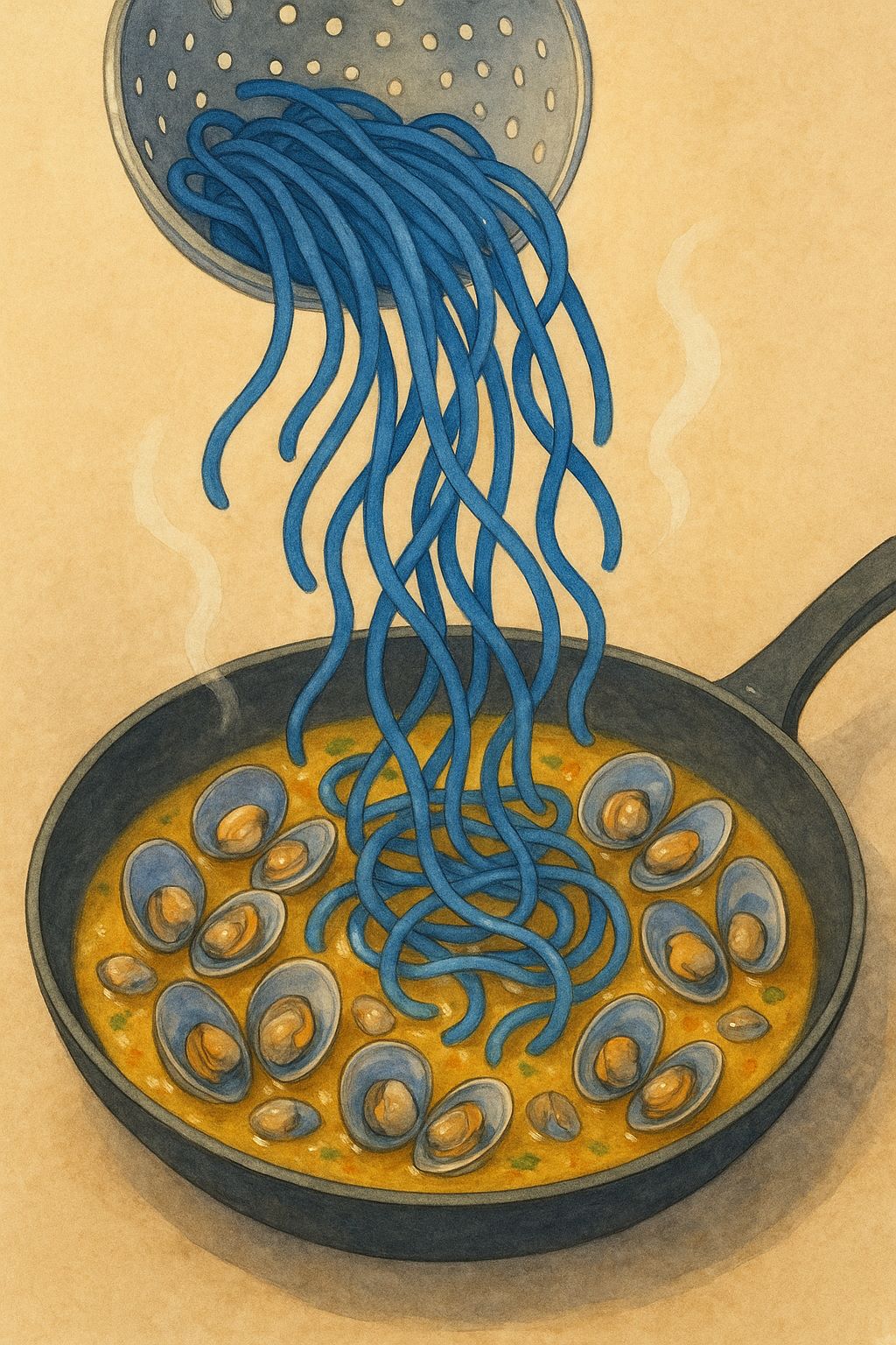 Spaghetti blu scolati che cadono dallo scolapasta nella padella con le vongole