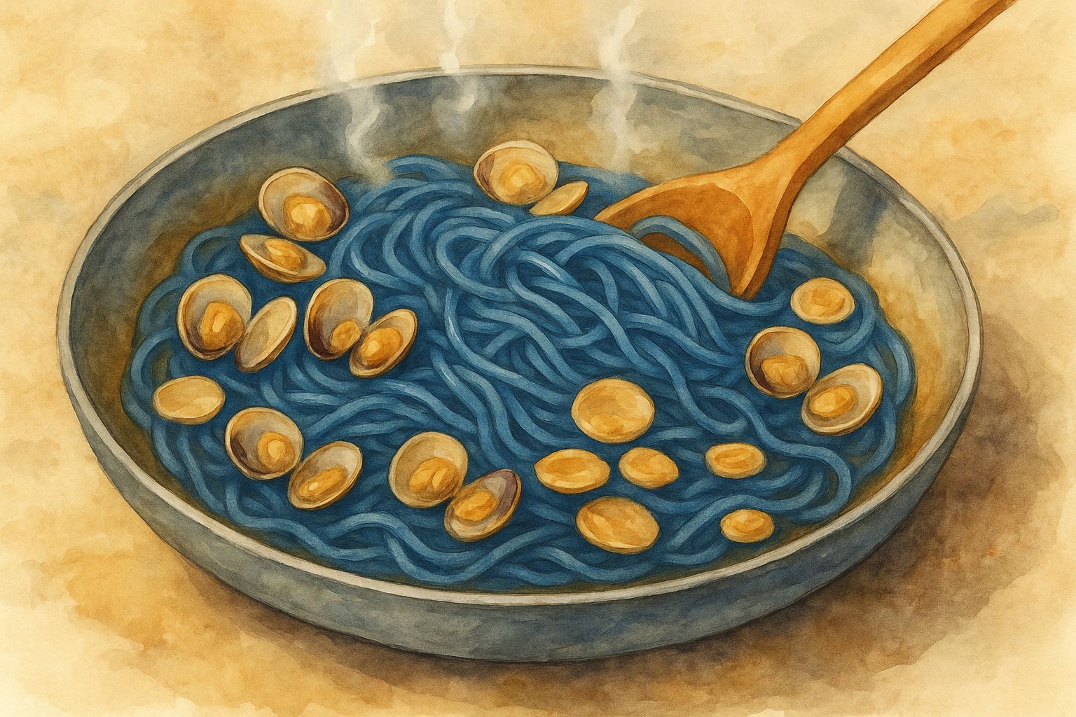 Mantecatura: spaghetti blu lucidi con vongole aperte e alcune vongole sgusciate; mestolo di legno che solleva la pasta