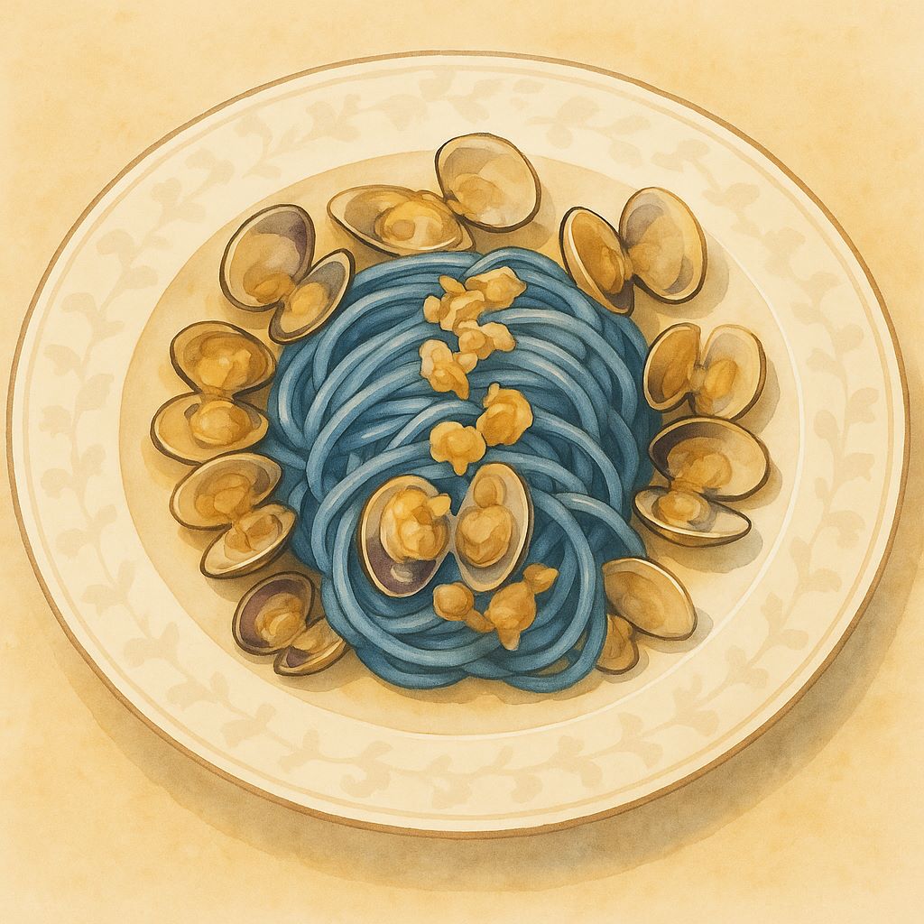 Illustrazione ad acquerello del piatto impiattato di Spaghetti Blu al Bergamotto con vongole