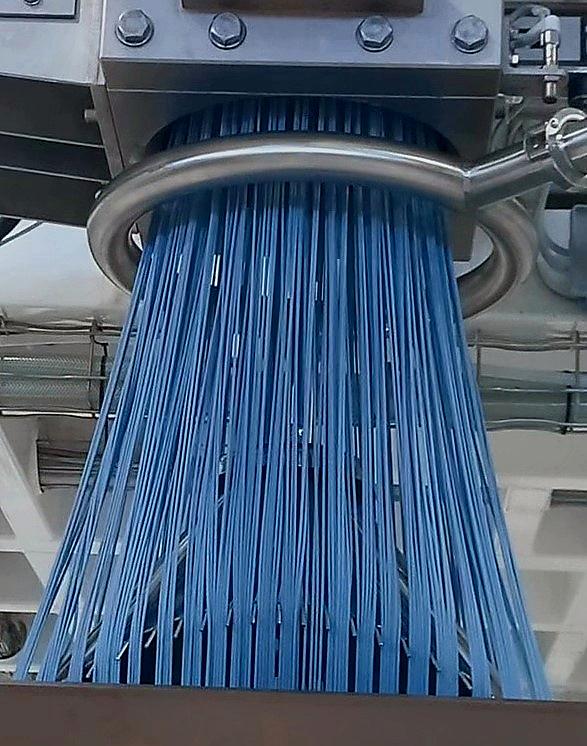 Pasta Blu al Bergamotto BIO in uscita dalla trafila